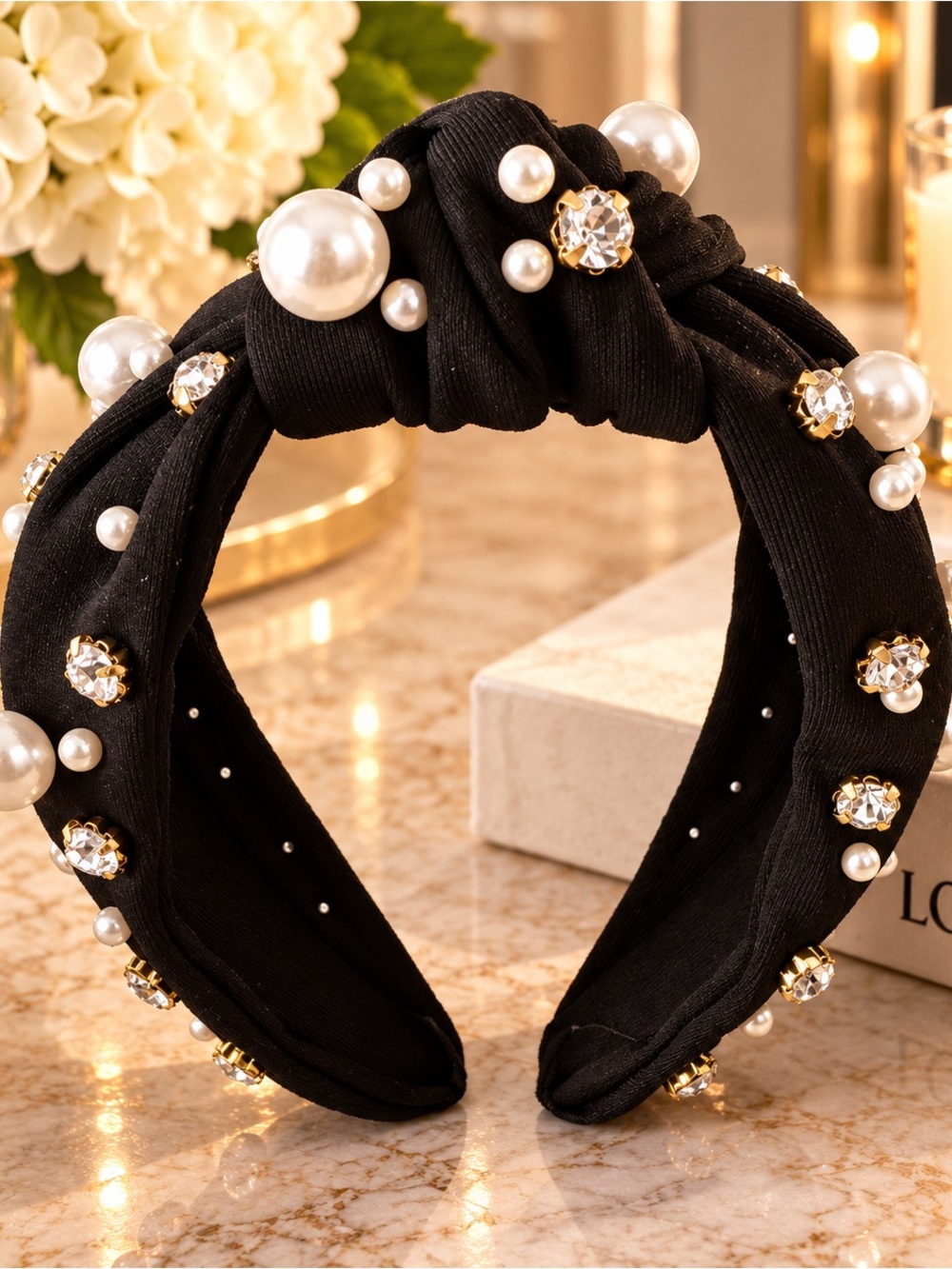 Black Pearl & Crystal Knotted Headband